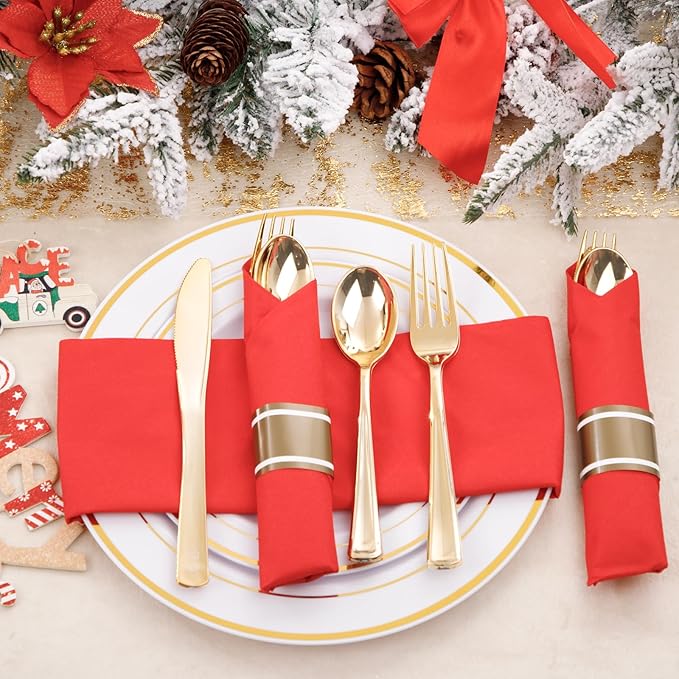 Nervure 400PCS Pre Rolled Gold Plastic Silverware Sets - Heavy Duty Gold Cutlery - Include 100 Pack Wrapped Disposable Utensils with Red Napkins for Christmas &amp Party &amp Wedding
