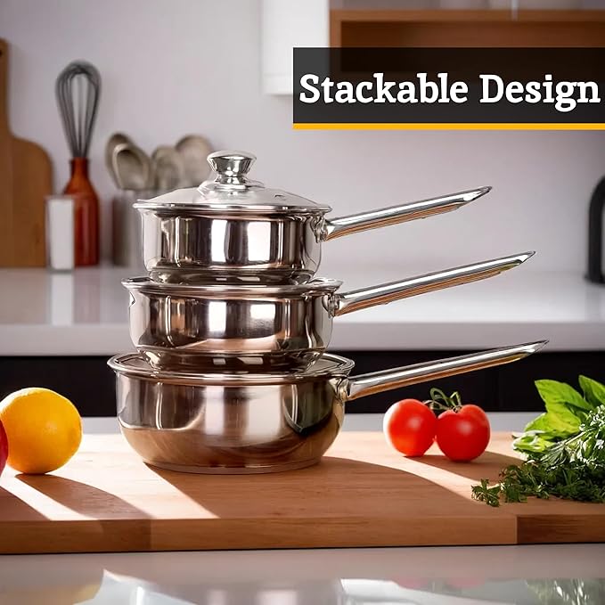 Premier Housewares 3-Piece Pan Set with Glass Lids - Stainless Steel