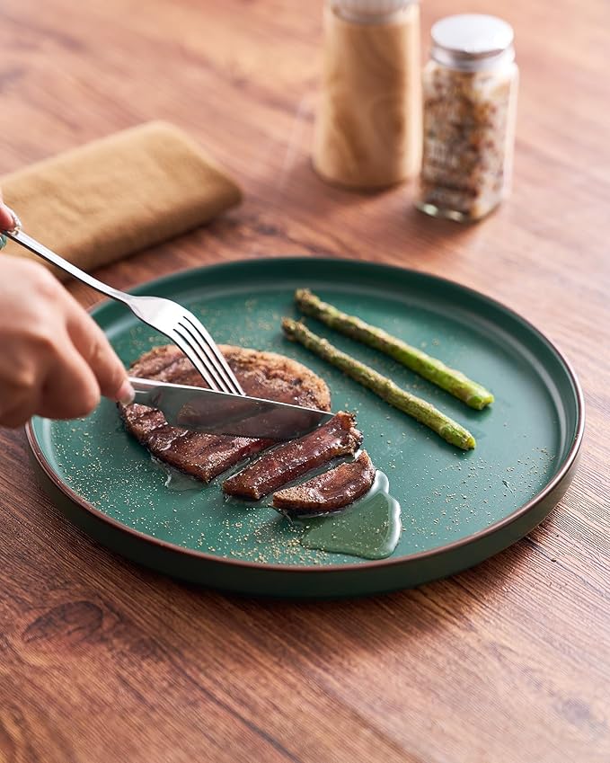 Famiware Nebula Ridge Stoneware Dinnerware Sets Plates and Bowls Sets for 4 12 Pieces Dishes Set Microwave and Dishwasher Safe Kitchen Plates Dark Green