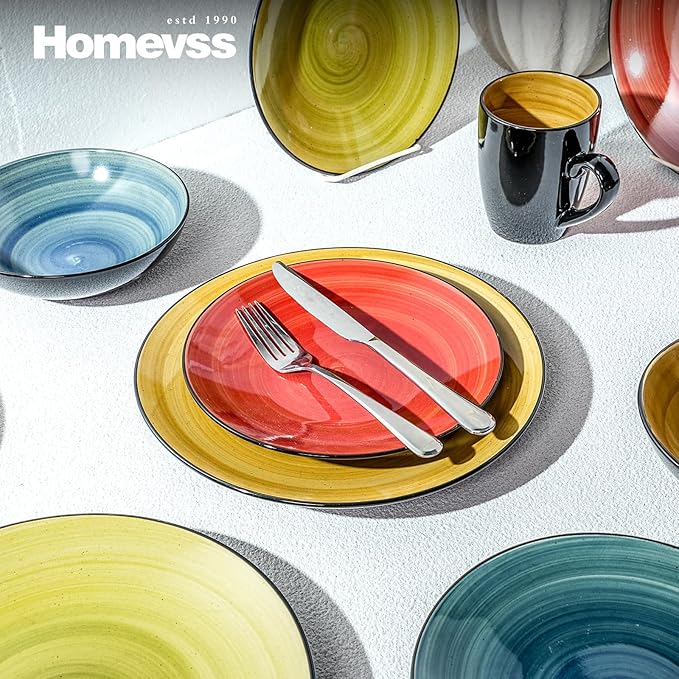 Sonoma 16 Piece Stoneware Dinner Set Outside Black + Inside Handpainted Mixed Colors Blue Green Red Yellow with speckle