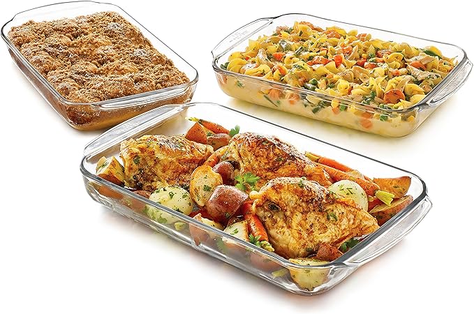 Libbey Baker's Basics 3-Piece Rectangular Glass Casserole Baking Dish Set Clear 2 Qt 2.7 Qt 3.4 Qt Transparent Stackable Dishwasher Safe