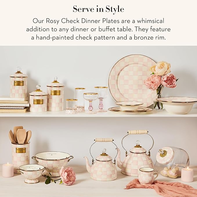 MACKENZIE-CHILDS Enamel Dinner Plate Decorative Dinnerware Plate 10 Inches Set of 4 Pink-and-White Rosy Check