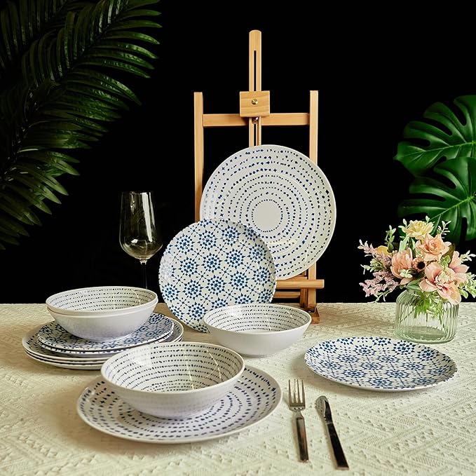 Melamine Dinnerware Set of 12 Pcs Dinner Dishes Set Bowls and Plates for Indoor and Outdoor with Unbreakable Non-breakable Lightweight Dining Tableware