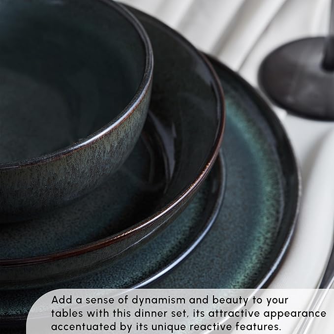 Karaca Fein 24 Piece Reactive Glaze Dinner Set for 6 People Modern Design with Unique Handcrafted Patterns Durable Kitchen Plates and Bowls Sets Stoneware Dinnerware &amp Dishwasher Safe