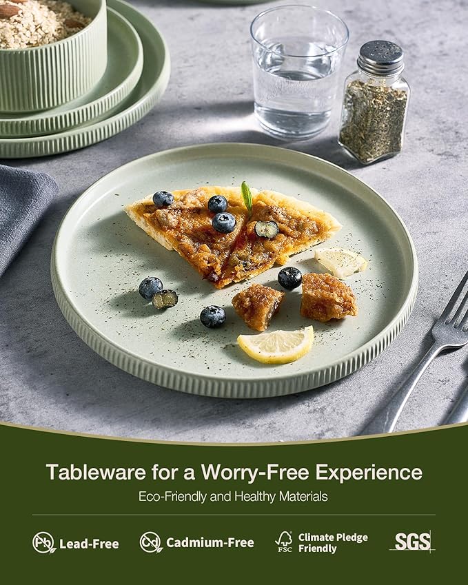 Famiware Star Dinnerware Set Plates and Bowls Sets for 4 (12pcs) Ribbed Stoneware Dishes - Chip &amp Scratch Resistant Microwave &amp Dishwasher Safe Matte Sage Green
