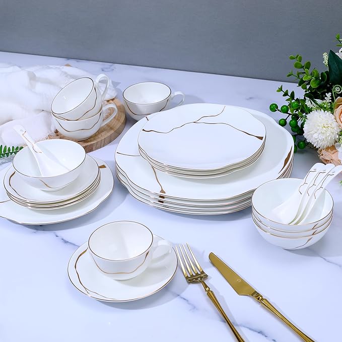 24 Piece White Porcelain Dinnerware set for 4Plates and Bowls Sets With Gold Rim and gold accentsHighly Chip and Crack Resistant | Dishwasher Safe Dishes Set