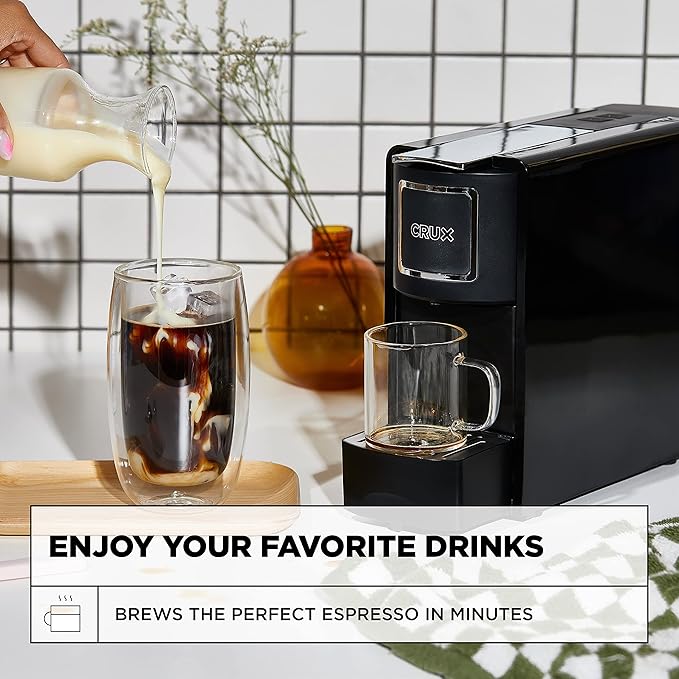Crux Espresso Machine for Nespresso Pods - Programmable Coffee Brewer Capsule Compatible with Large Removable Water Tank and Drip Tray Black and Silver