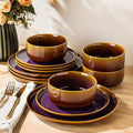 TheTerra Ceramic Dinnerware Sets for 4 12 Pieces Handmade Reactive Glaze Plates and Bowls Set Scratch Resistant Dish Set Oven &amp Microwave &amp Dishwasher Safe Amber Amethyst