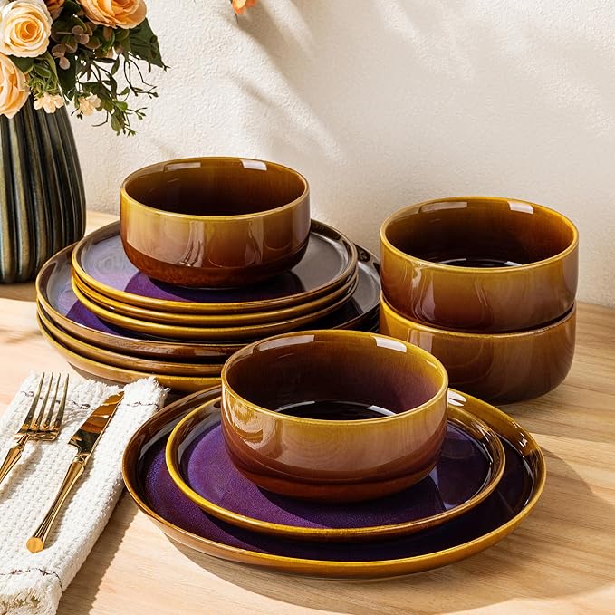 TheTerra Ceramic Dinnerware Sets for 4 12 Pieces Handmade Reactive Glaze Plates and Bowls Set Scratch Resistant Dish Set Oven &amp Microwave &amp Dishwasher Safe Amber Amethyst