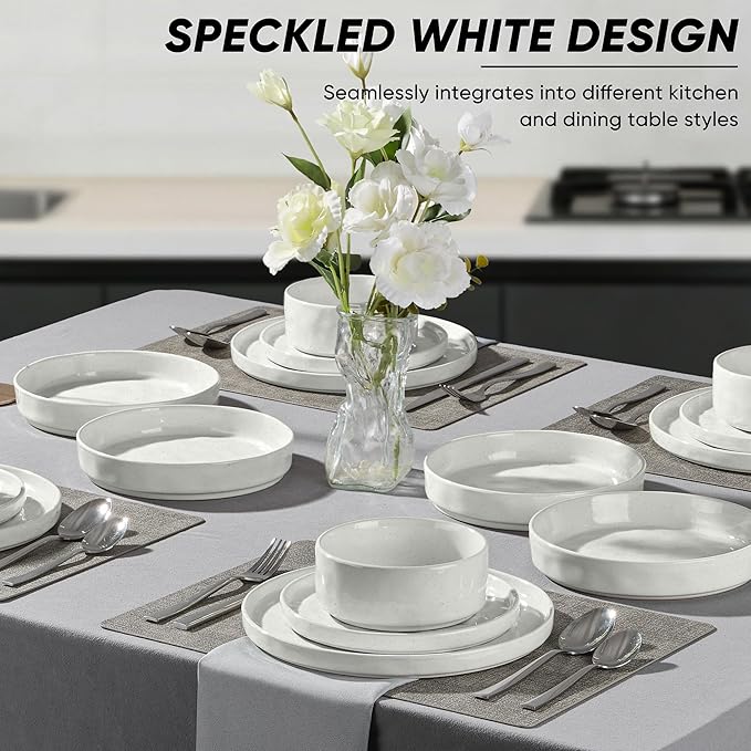 E-far 8-Piece Plates and Bowls Sets with Pasta Bowls - Stoneware Dinnerware Set for 2 Modern Ribbed Speckled White Dishes Microwave &amp Dishwasher Safe