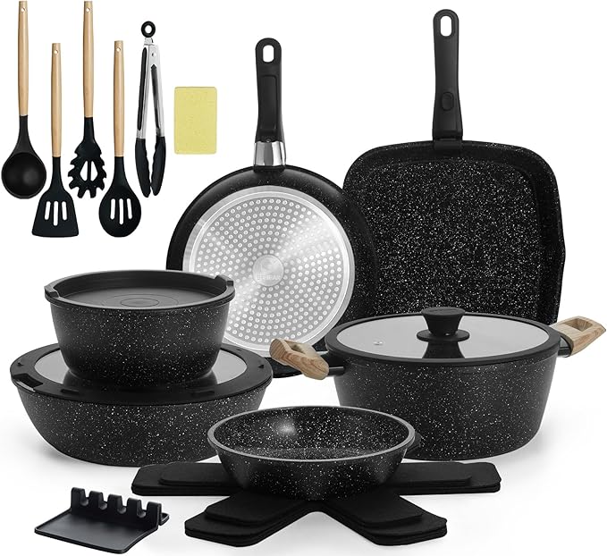 23pcs Ceramic Pots and Pans Set Nonstick Detachable Handle Cookware Induction Kitchen Cooking Set with Removable Handleinclude Frying Pans &amp Saucepans Oven Safe (Black)