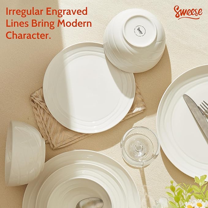 Sweese Porcelain Dinnerware Sets for 6 18 Pieces Ceramic Plates and Bowls Sets Handcrafted Minimalist Dinner Set Chip and Scratch Resistant Dish Set Dishwasher &amp Microwave Safe White
