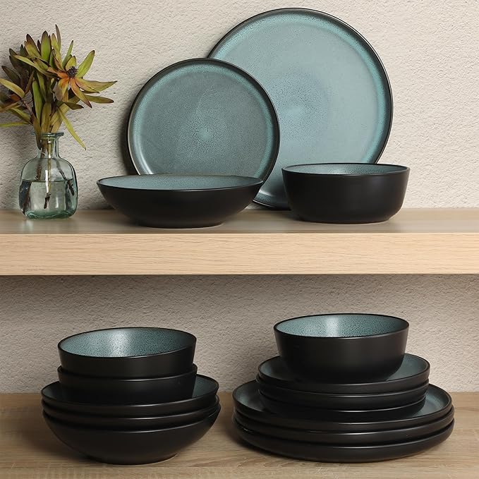 Gibson Elite Tribeca Loft 16-Piece Dinnerware Set – Matte Black and Green Reactive Glaze Stoneware Double Bowl Round Plates and Bowls – Modern Rustic Tableware for 4 Dishwasher &amp Microwave Safe
