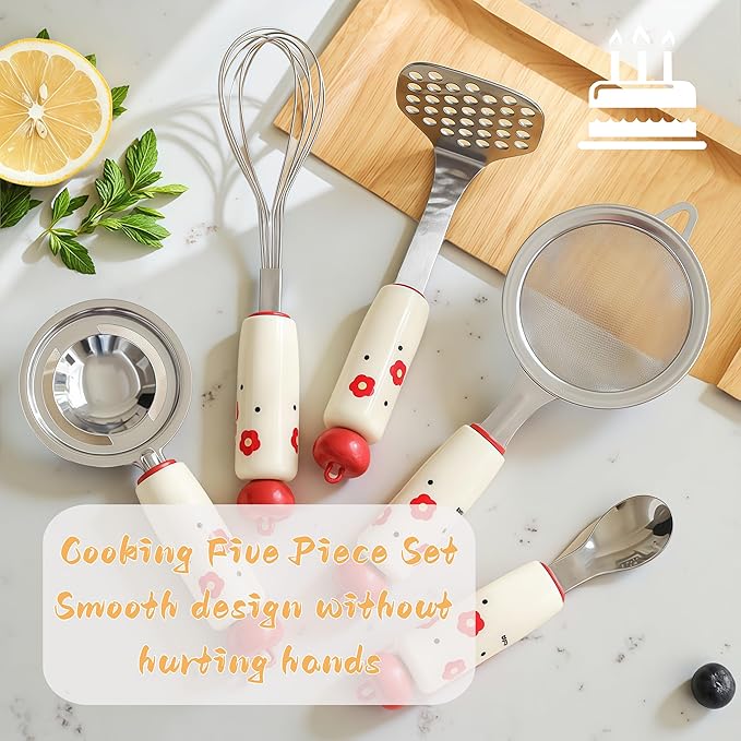 Stainless Steel Kitchen Utensil Set 5-Piece Cooking Tools with Whisk Potato Masher Slotted Spoon Egg Separator &amp Mixing Spoon – Durable PP Handle Essential Baking &amp Cooking Gadget Kit