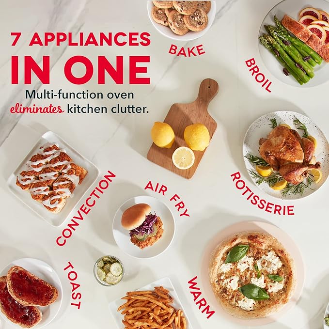 Dash Chef Series 7 in 1 Convection Toaster Oven Cooker Rotisserie + Electric Air Fryer with Non-stick Fry Basket Baking Pan &amp Rack Skewers Drip Tray &amp Recipe Book 23L Graphite