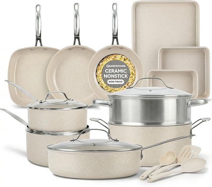 Granitestone Ceraluxe 20 Pc Ceramic Cookware Set Nonstick Complete Pots and Pans Set Non Stick for Kitchen with Bakeware Utensils &amp Steamer Non Toxic Made Without PFOA PFOS Oven &amp Dishwash