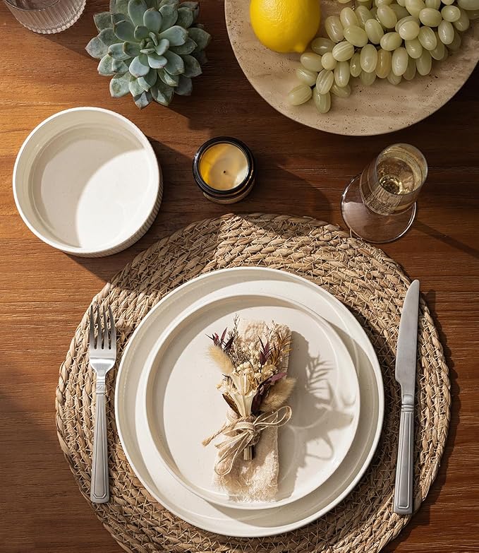 GBHOME Stoneware Dinnerware Sets for 4 12 Pieces Ceramic Ribbed Plates and Bowls Set Reactive Glaze Stackable Plate Sets Scratch Resistant Dishes Microwave &amp Dishwasher Safe Beige