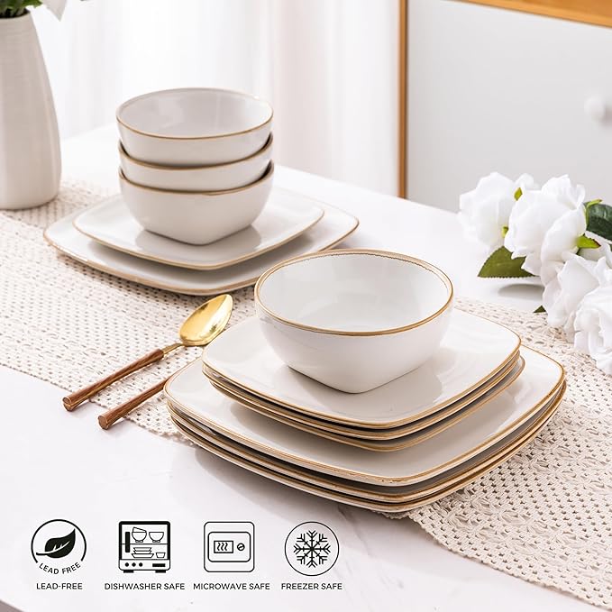 AmorArc Ceramic Dinnerware Sets for 4 12 Pieces Square Handpainted Plates and Bowls Set Chip and Scratch Resistant Stoneware Dishes Set Dishwasher &amp Microwave Safe Pearl White