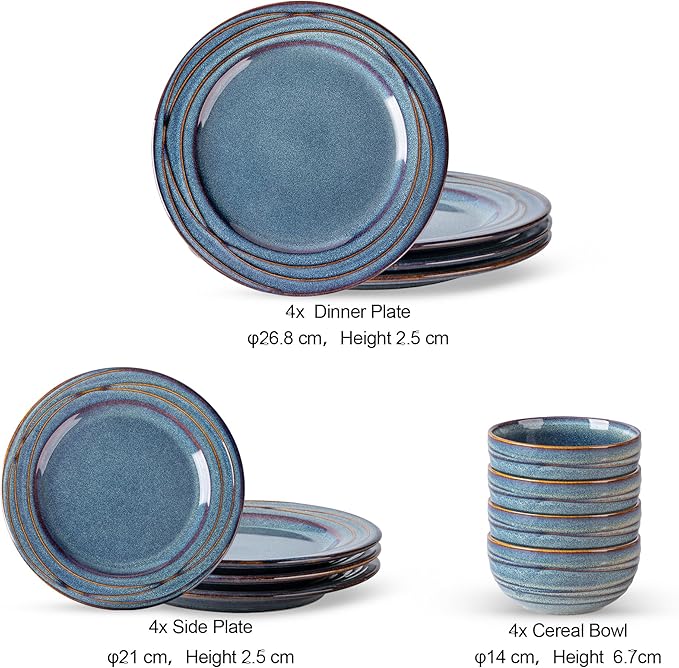 GBHOME Ceramic Dinnerware Sets12 pcs Embossed Elegant Stoneware Plates and Bowls Sets Housewarming Wedding Gift | Dishwasher &amp Microwave Safe | Dishes Set Service for 4