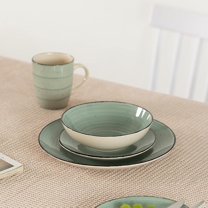 64-Pc Dinnerware Set for 16 Swirl Glazed Finish Includes Mugs Bowls Salad and Dinner Plates Chip Resistant Microwave Dishwasher and Oven Safe Green