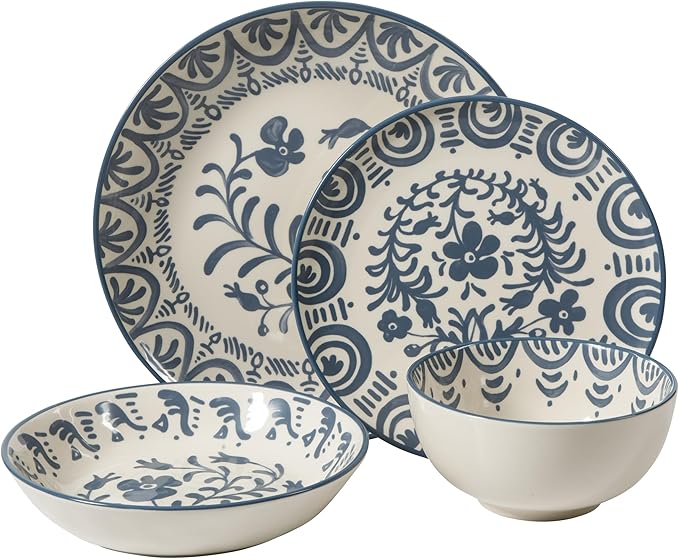 Bloomhouse - 2-Time Oprah’s Favorite Things - Valencia Flor 16 Piece Dinnerware Set Artisanal Decorated Stoneware Plates &amp Bowls Service for 4 Microwave &amp Dishwasher Safe Iris Blue