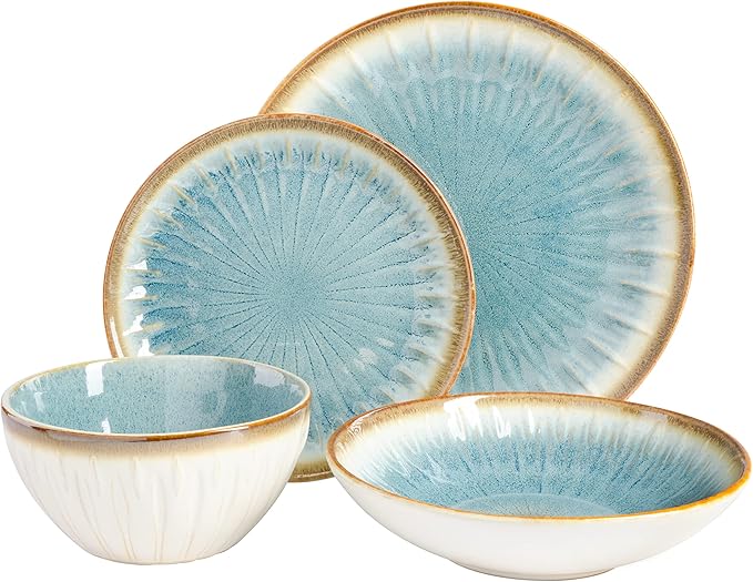 Gibson Elite Mayfair Bay 16-Piece Embossed Double Bowl Dinnerware Set Service for 4 – Blue Stoneware Plates and Bowls