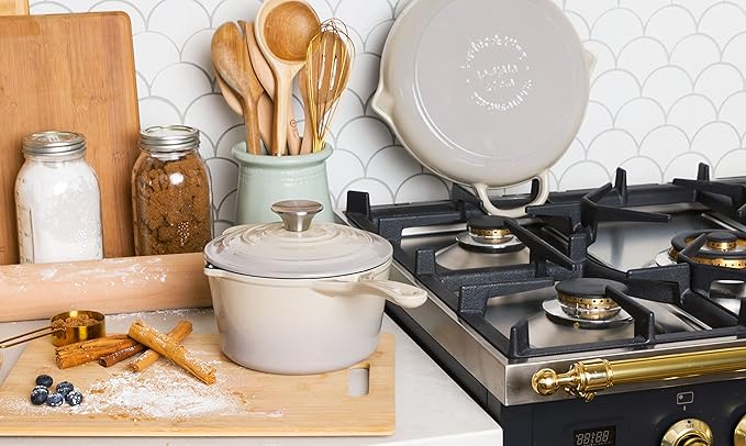 Larder &amp Vine 5-Piece Enameled Cast Iron Cookware Set - Includes 5.7 Quart Dutch Oven with Lid 10.25 Inch Skillet 2.2 Quart Saucepan with Lid (Stone)