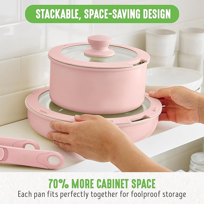 GreenLife 10 Piece Nonstick Pots &amp Pans Set Detachable Handle &amp Stackable Cookware Set Non Toxic PFAS-Free Skillets Induction Kitchen Pans Space Saving Serving Bowls Oven Safe Light Pin