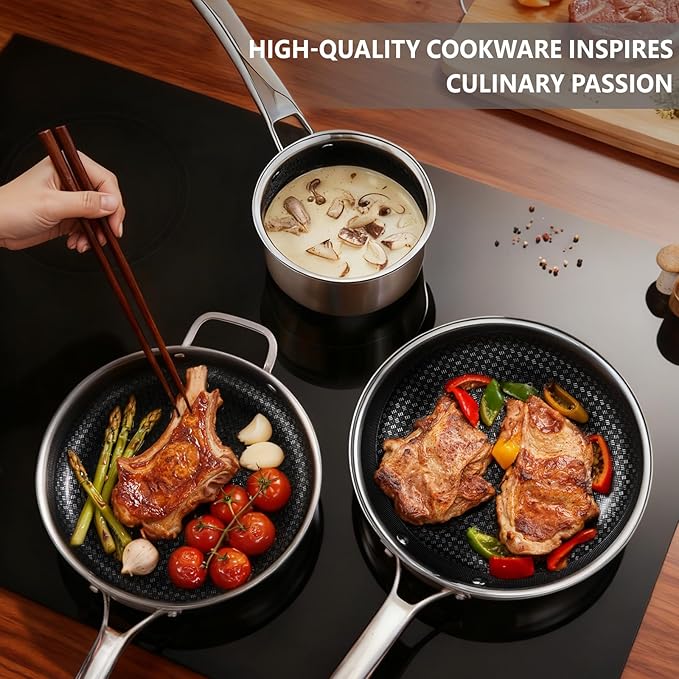 Bonnlo 11 Pieces Cookware Set 3-Ply Stainless Steel Pots and Pans Set with Lids Non-Toxic Kitchen Set Oven &amp Dishwasher Safe Induction Cooking Set PFOA &amp PTFE Free