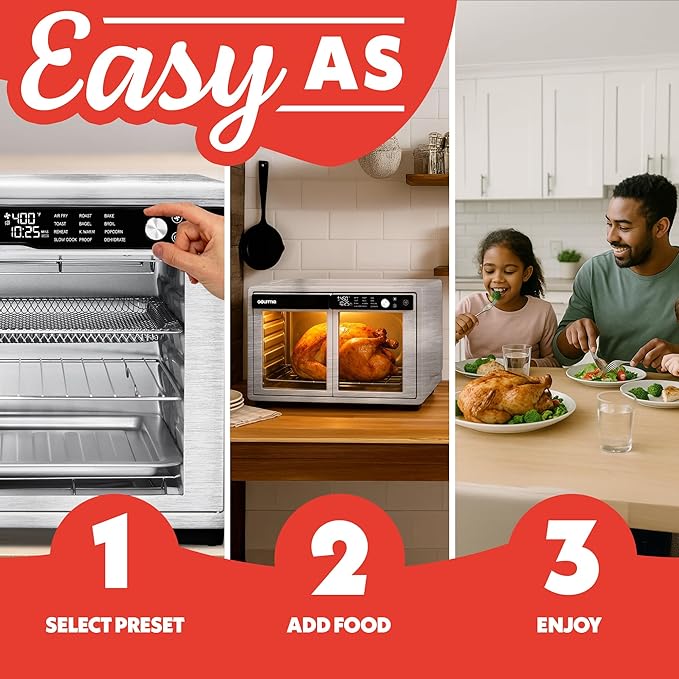Gourmia French Door Air Fryer Oven - 37 Qt Large Capacity Convection Toaster Oven FryForce 360° Digital Display 12 Cooking Presets Dehydrate Fits 13” Pizza Dishwasher-Safe Stainless Steel