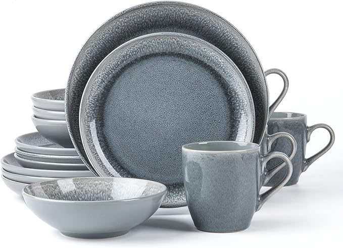 FAIT Round Stoneware 16pc Dinnerware Set for 4 Dinner Plates Side Plates Cereal Bowls Mugs - Reactive Glaze Grey (448158)