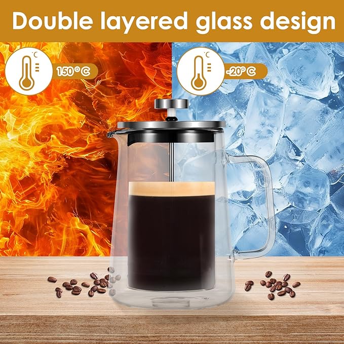 350/650/1000ml Double Wall Glass French Press Coffee Maker Multifunctional French Press Tea Maker Clear Coffee Press Large Capacity French Press for Camping(transparent color-1-350ml-Light)