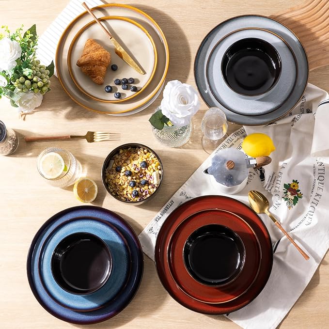 Ceramic Dinnerware Sets of 6Poreclain Plates and Bowls SetsHandmade Reactive Glaze Dishes SetChip Resistant and Scratch Resistant | Oven&ampDishwasher &amp Microwave Safe)-Colorflu(124PCS)