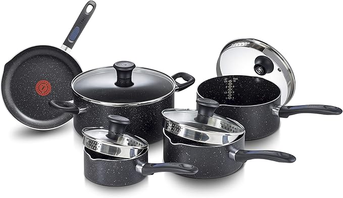T-fal Signature 9pc Cookware Set Non Stick pots and Pans Non Toxic Cookware Set Thermo-spot Heat Indicator Dishwasher Safe Black