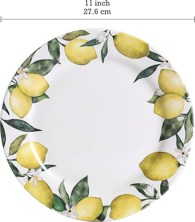 Bico Lemon Dreams Ceramic 16 pcs Dinnerware Set Service for 4 Inclusive of 11 inch Dinner Plates 8.75 inch Salad Plates 26oz Cereal Bowls and Mugs for Party Microwave &amp Dishwasher Safe
