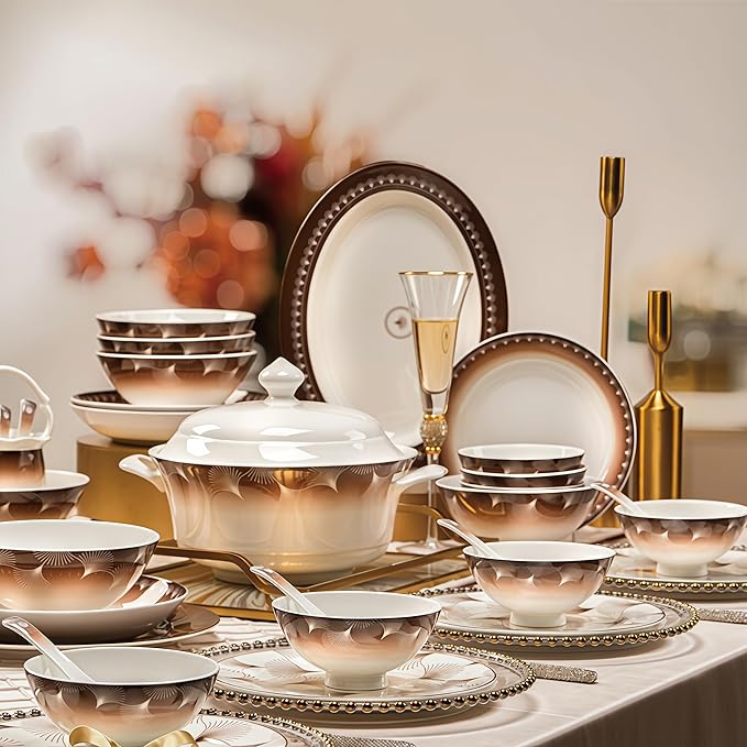 Fine Bone China Dinnerware SetPorcelain&ampCeramic Dinnerware SetsBone Stoneware &amp Ceramic Cookware Tableware Set Includes Dinner Plates|Spoons|Pasta Bowls|Soup Pot|Chopsticks (40 PCS)