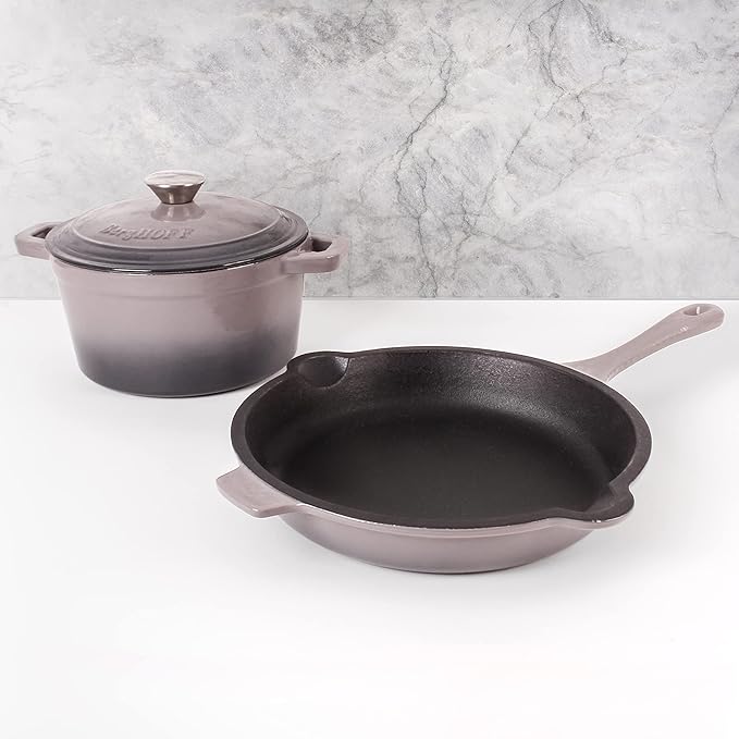 BergHOFF 3Pc Neo Enameled Cast Iron Cookware Set 3qt. Dutch Oven Matching Lid Fry Pan 10 Inches Oven Safe Up To 400°F Oyster