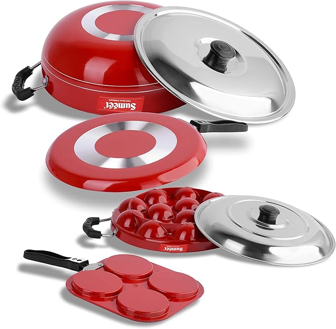 Sumeet 2.6 mm Thick Non-Stick Rojo Cookware Set (Dosa Tawa 26.5 cm Dia Mini Multi Snack Maker 19.5 cm Dia Kadhai with Lid 1.5 Ltr Capacity 20 cm Dia Grill Appam Patra with Lid 23 cm Dia)