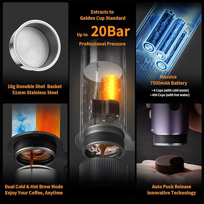 Bincoo Portable Electric Espresso Machine with Stand Self-Heating 20 Bar Car Coffee Maker Double Shot Travel Coffee Machine for Camping Travel RV Hiking Office H1pro