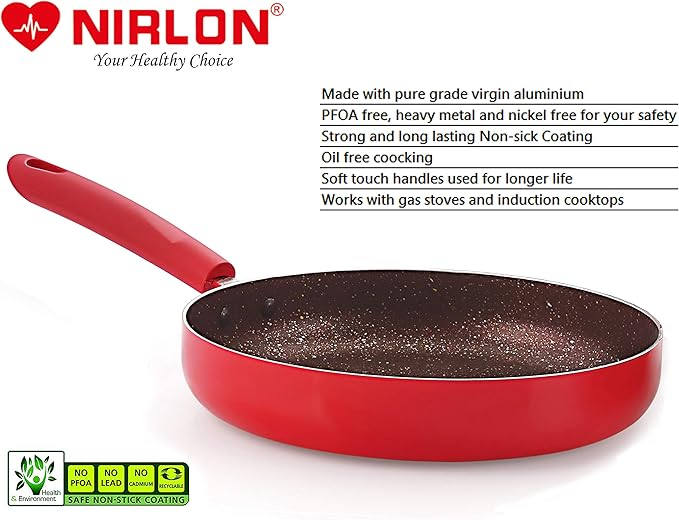 Nirlon Red Stone Induction and Gas Compatible Non Stick Aluminium 2 Piece Cookware Set [1 Flat Roti Tawa 26cm|1 Fry Pan 24cm - 1.5 Liter]