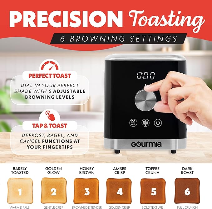 Gourmia 2 Slice Toaster – 6 Browning Levels with Bagel and Defrost Mode One-Touch Toasting Removable Crumb Tray Extra Wide Slots Compact Design Black