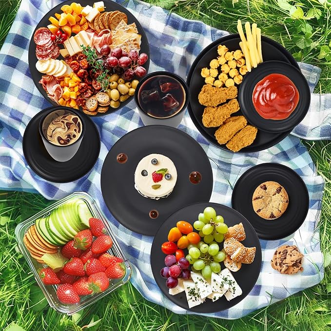 Wrova Wheat Straw Dinnerware Set of 40 Pieces - 10 &amp 9 Plates 6 Snack Plates 26oz &amp 12oz Bowls &amp Cups - Unbreakable Microwave &amp Dishwasher Safe - Black