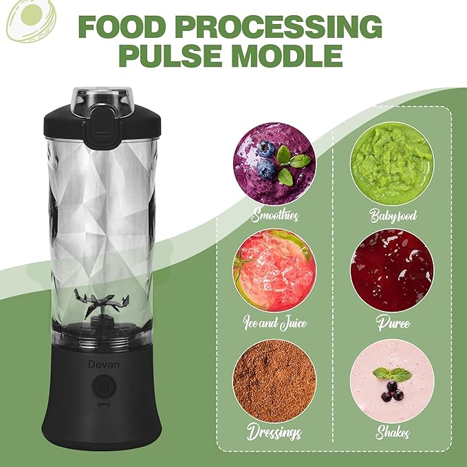 Portable Blender Shakes and Smoothies Waterproof 20 oz BPA Free Blender Cup and a Travel Lid. (Black 20 oz)