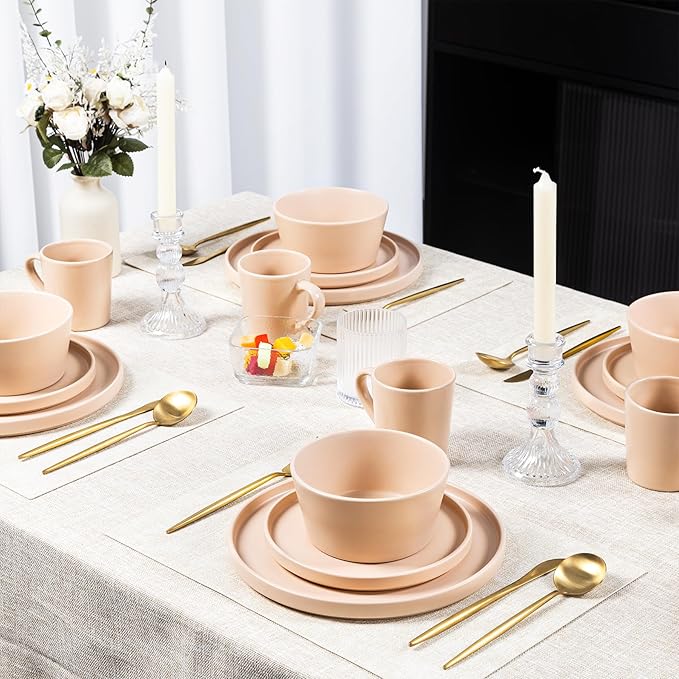 Plates and Bowls Sets for 4 - CJDC-QUELO 16 Piece Stoneware Dinnerware Sets with Mugs Ceramic Dishware Sets for Kitchen Dining Use Chip and Scratch Resistant Microwave Dishwasher Safe Brown