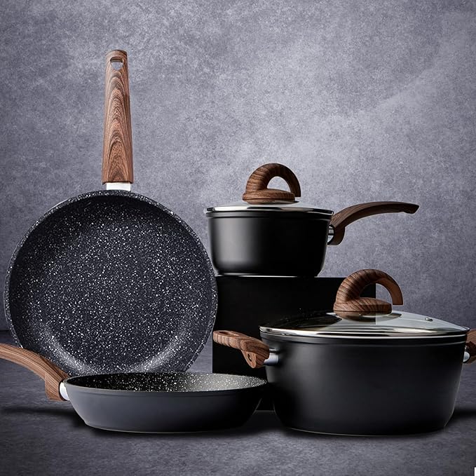 Pots and Pans Set Non Stick Ceramic Cookware Set with Granite Pattern Kitchen Cooking Sets Induction Pot and Pan w/Frying Pans Saucepans Casserole Non-Toxic PTFE/PFOA/PFOS-Free Black