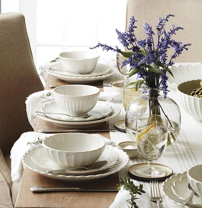 Lenox Stoneware Dinnerware Sets French Perle Scallop 12-Piece Dinnerware Set for 4 Service For 4 Dishwasher Safe Dishware White Dishes Set Stoneware Dinner Plates and Bowls Sets (White 12 Piece)