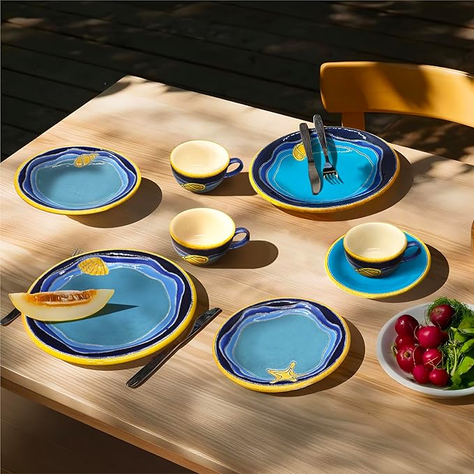 Artesa Vega Caribe Coastal Dinnerware Set Turquoise and Navy Blue with Gold Trim Handmade &amp Hand-Painted Ceramic 6-Piece Place Setting Seashell Design Microwave Safe