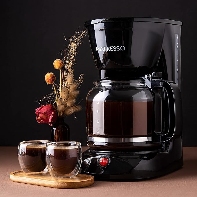 Mixpresso 12 Cup Coffee Pot Auto-Off &amp Reusable Filter Large Drip Coffee Maker Borosilicate Glass Carafe Anti-Drip Water Window Easy On/Off Switch Black Coffee Machine