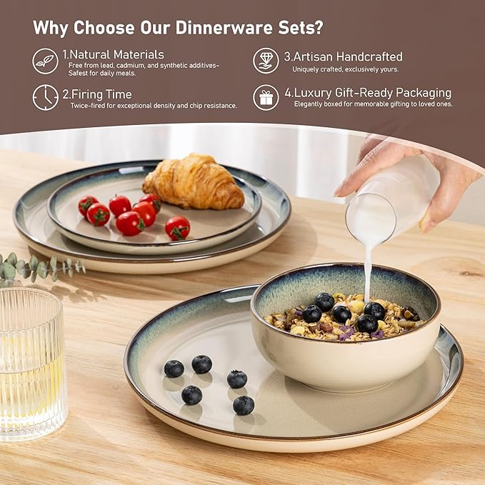 GBHOME Ceramic Dinnerware Sets for 6 18 Pieces Stoneware Plates and Bowls Sets Reactive Glaze Dishes -Scratch Resistant Dishwasher&ampMicrowave SafePale Khaki