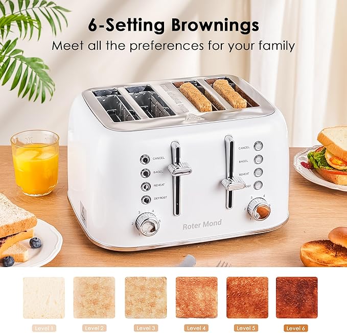 Roter Mond Toaster 4 Slice Retro Stainless Steel with Extra Wide Slots Bagel Defrost Reheat Function Dual Independent Control Panel Removable Crumb Tray 6 Browning Levels White